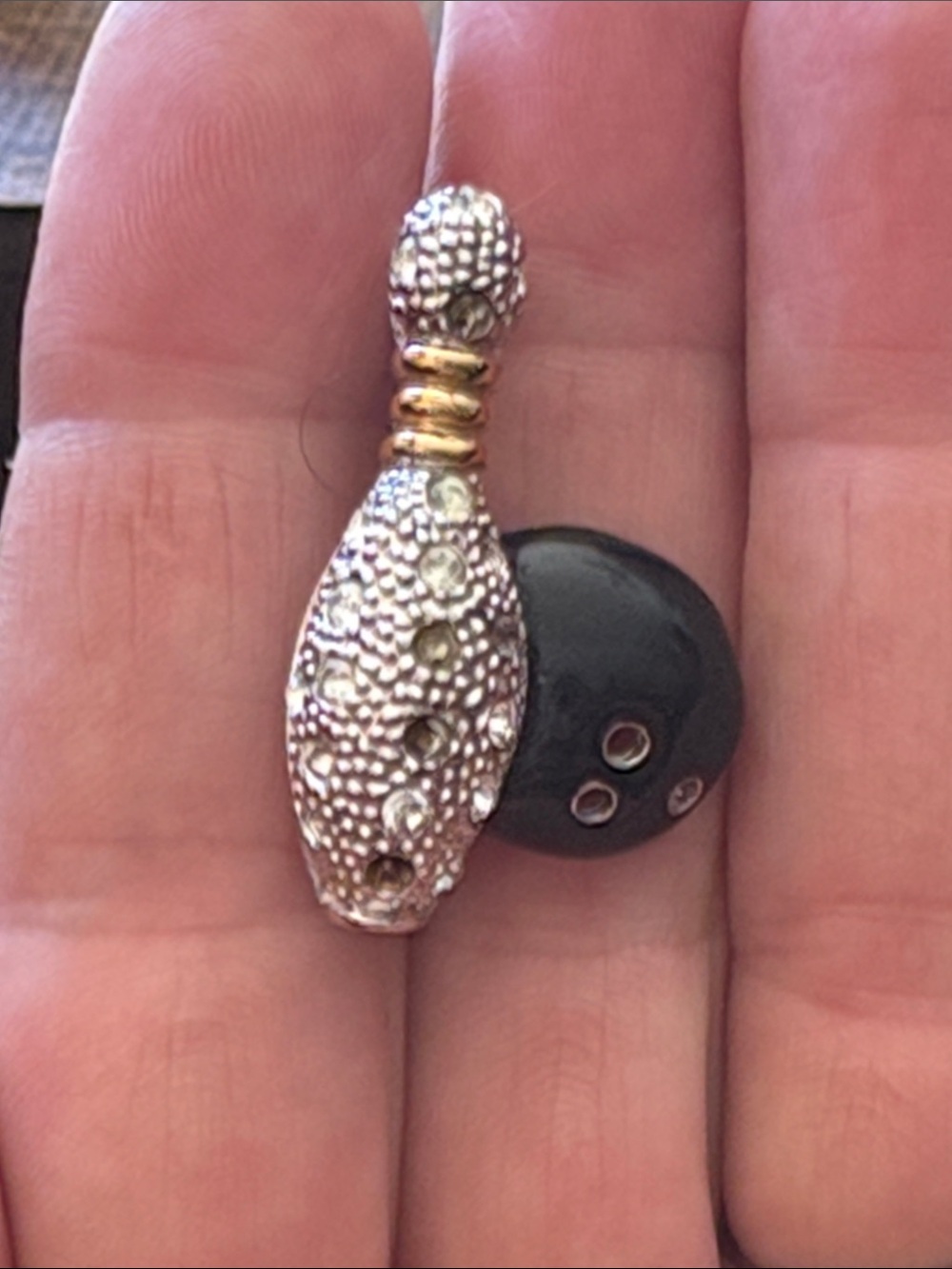 Vintage Silver and Gold Bowling Pin with enamel ball Brooch
